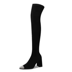 2024 Donne eleganti invernali sopra gli stivali al ginocchio Stretch Tacchi quadrati Punta a punta Office Lady Party Shoes Donna