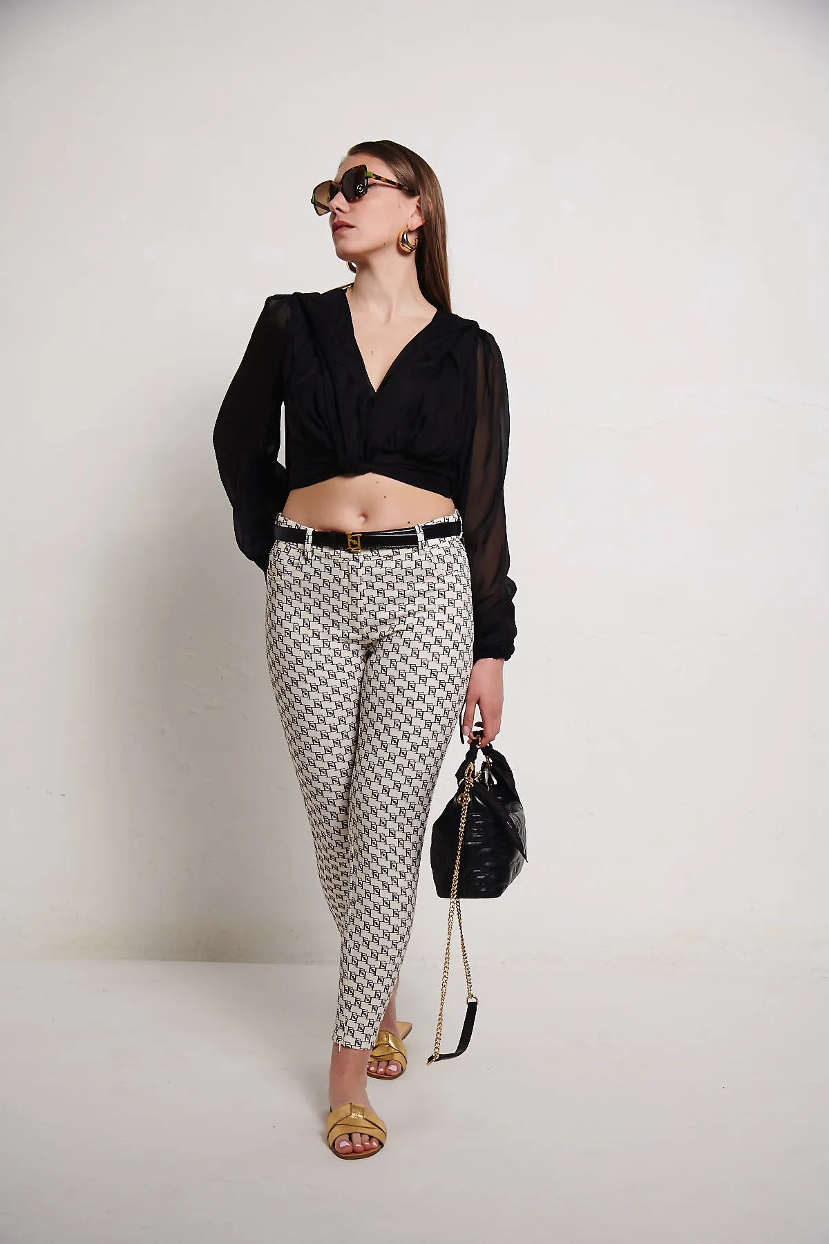 Elisabetta Franchi Pantalone 5 tasche in doppio crepe stampa Logo